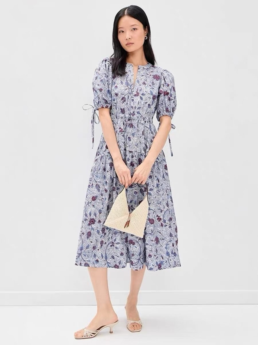 NWOT Ulla Johnson Blue Floral Puff-Sleeve Cotton Midi Dress, Size US 2/4/6/8 - Picture 5 of 7